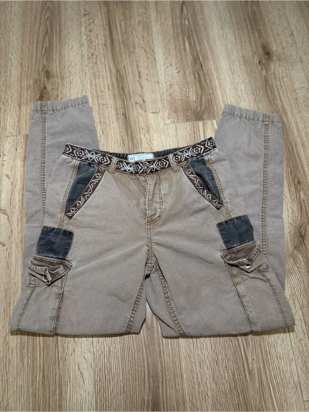 Free People Taupe Cargo Pants with Dark Brown Accent Trim